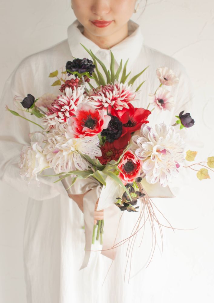 【造花】Girly-Pop赤のアネモネブーケ 【結婚式 フラワー 造花 ブーケ ブートニア】