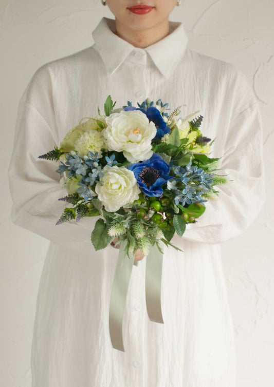 【造花】Casual-Cuteフレッシュブルーラウンドブーケ 【結婚式 フラワー 造花 ブーケ ブートニア】