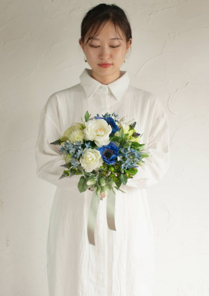 【造花】Casual-Cuteフレッシュブルーラウンドブーケ 【結婚式 フラワー 造花 ブーケ ブートニア】