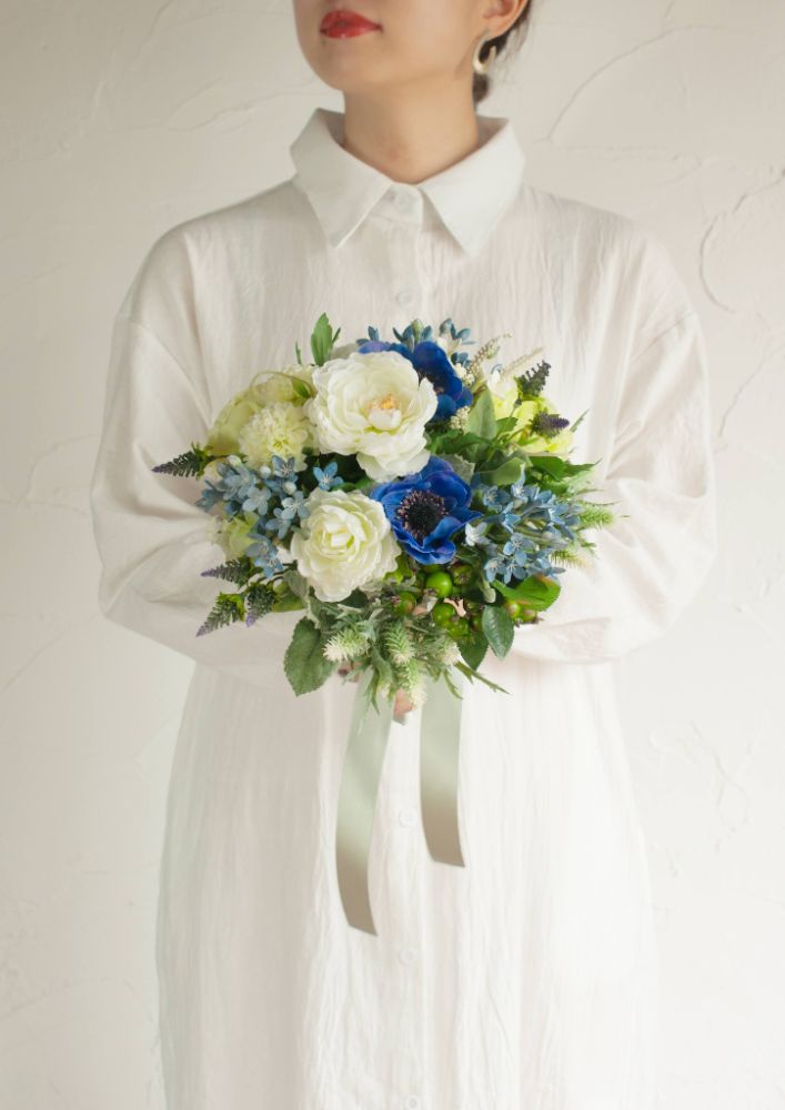 【造花】Casual-Cuteフレッシュブルーラウンドブーケ 【結婚式 フラワー 造花 ブーケ ブートニア】
