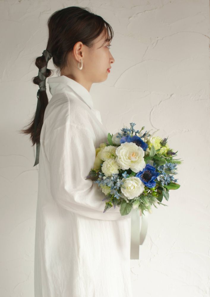 【造花】Casual-Cuteフレッシュブルーラウンドブーケ 【結婚式 フラワー 造花 ブーケ ブートニア】