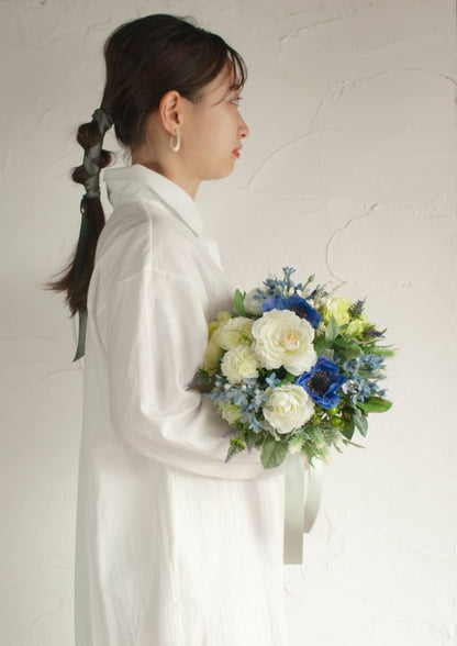 【造花】Casual-Cuteフレッシュブルーラウンドブーケ 【結婚式 フラワー 造花 ブーケ ブートニア】