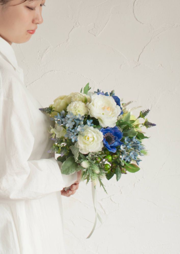 【造花】Casual-Cuteフレッシュブルーラウンドブーケ 【結婚式 フラワー 造花 ブーケ ブートニア】