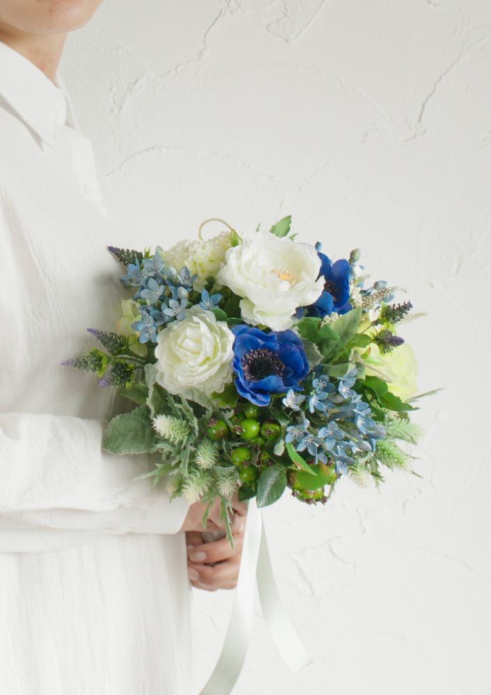 【造花】Casual-Cuteフレッシュブルーラウンドブーケ 【結婚式 フラワー 造花 ブーケ ブートニア】