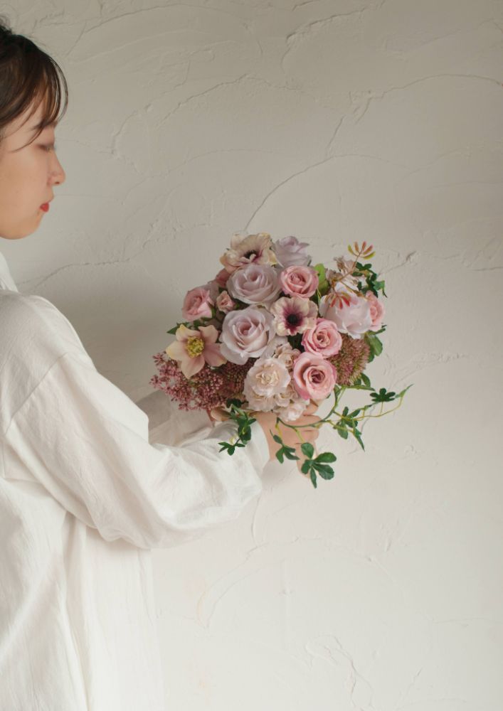 【造花】Shabby-Sweet くすみピンクのラウンドブーケ 【結婚式 フラワー 造花 ブーケ ブートニア】