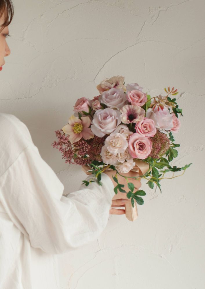 【造花】Shabby-Sweet くすみピンクのラウンドブーケ 【結婚式 フラワー 造花 ブーケ ブートニア】