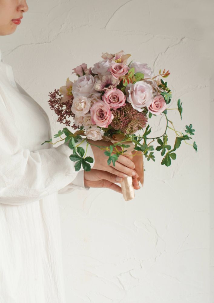 【造花】Shabby-Sweet くすみピンクのラウンドブーケ 【結婚式 フラワー 造花 ブーケ ブートニア】