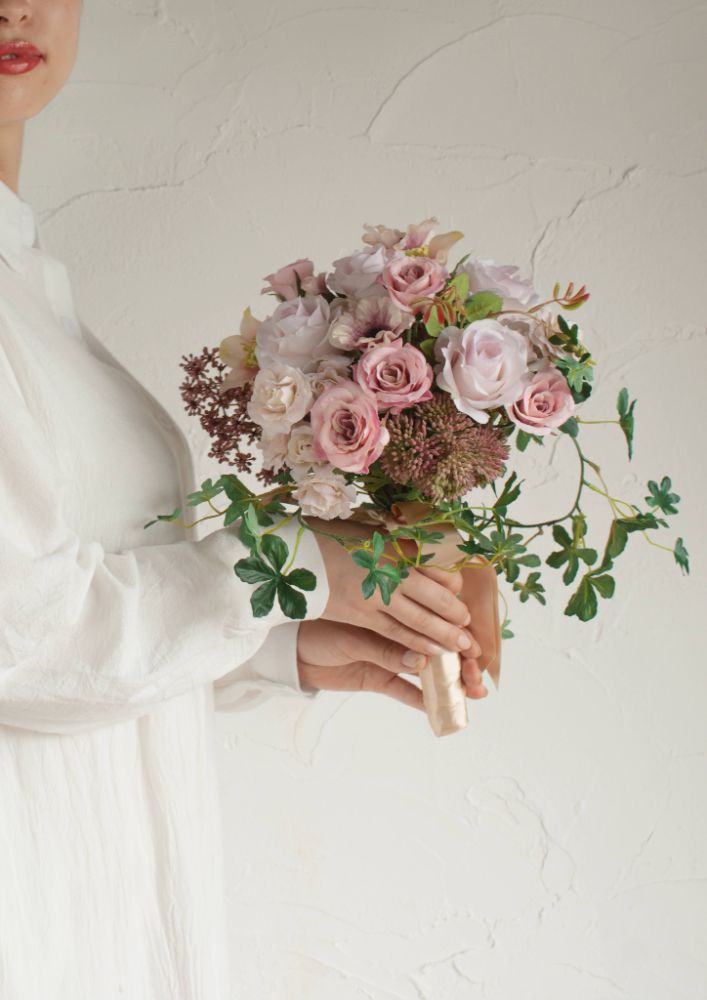 【造花】Shabby-Sweet くすみピンクのラウンドブーケ 【結婚式 フラワー 造花 ブーケ ブートニア】