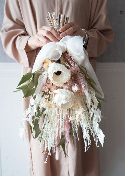 【ドライフラワーのブーケ】スイートピンクのブーケ 柔らかいオーガンジーリボンをつけて 【結婚式 フラワー ドライフラワー ブーケ ブートニア】