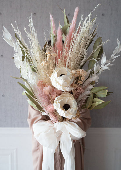 【ドライフラワーのブーケ】スイートピンクのブーケ 柔らかいオーガンジーリボンをつけて 【結婚式 フラワー ドライフラワー ブーケ ブートニア】