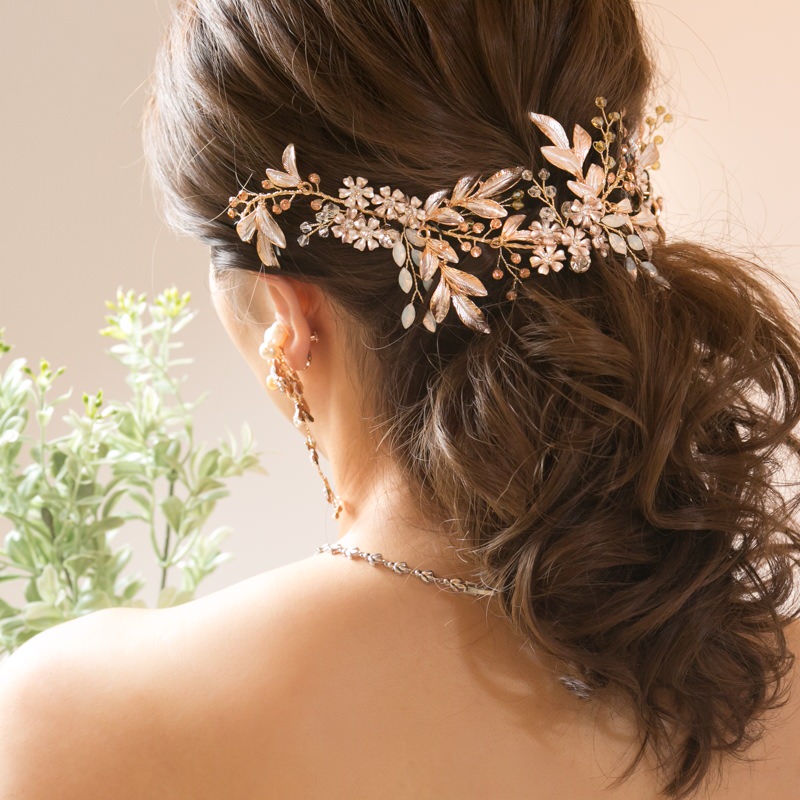 ヘアアクセサリー　ヘアドレス　ピンクゴールド　結婚式　前撮り　髪飾り　ヘアアクセ