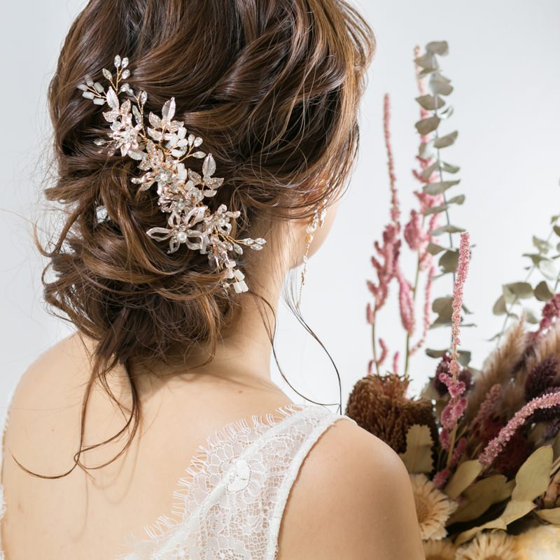 お花リーフピンクゴールドヘッドドレス髪飾りブライダルヘアアクセサリー