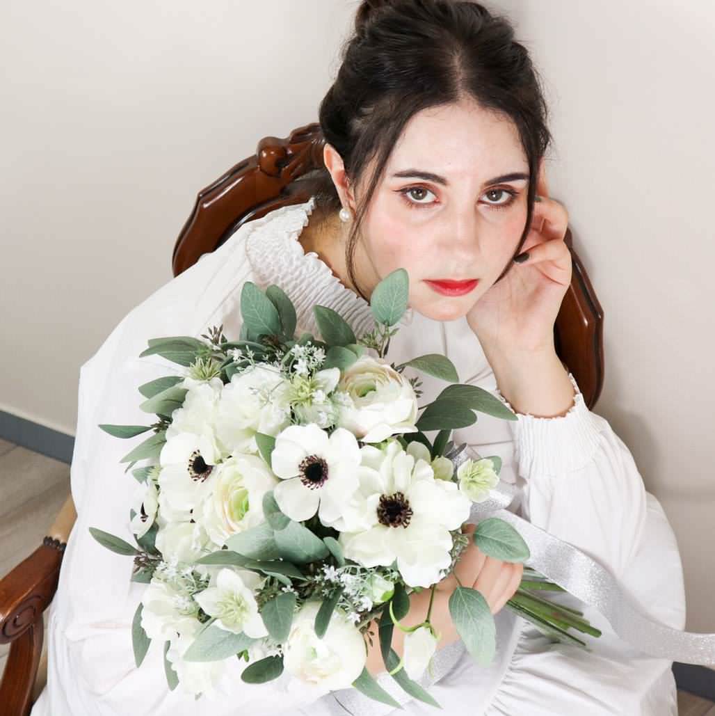 【造花】Rental Bouquet : Anemone White　【結婚式　フラワー　造花　ブーケ　ブートニア　レンタル】