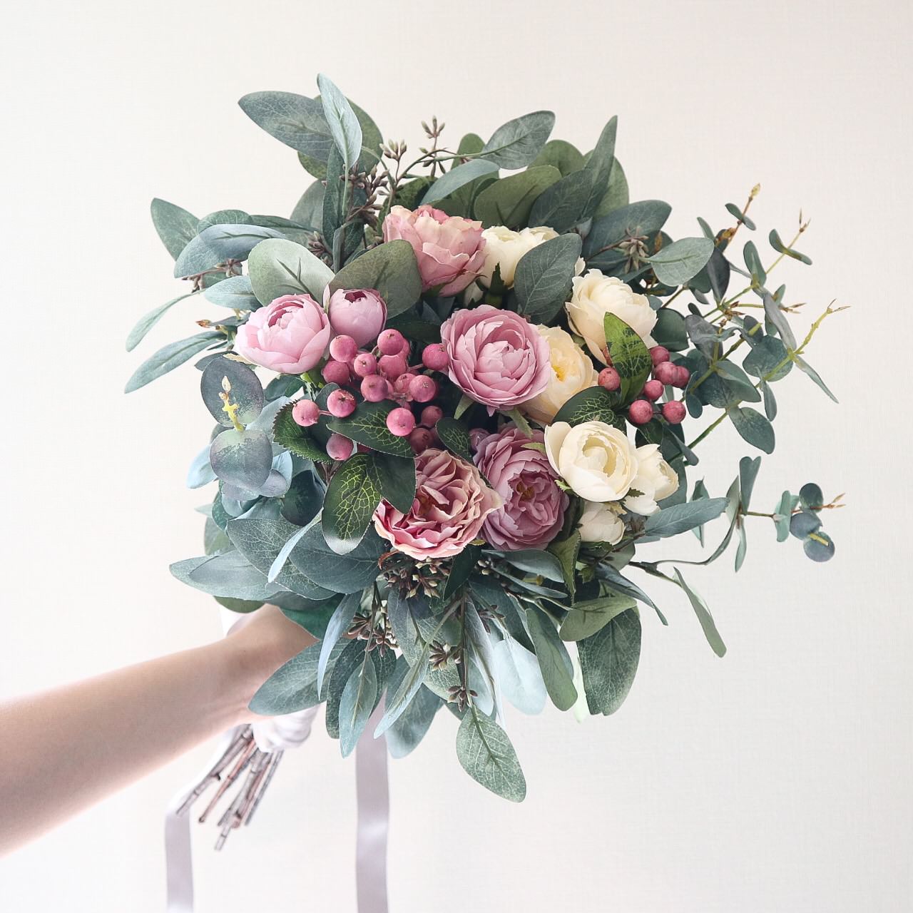 【造花】Rental Bouquet : Eucalyptus Pink　【結婚式　フラワー　造花　ブーケ　ブートニア　レンタル】