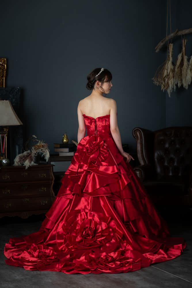 赤サテンバックフリル 結婚式 カラードレス レンタル