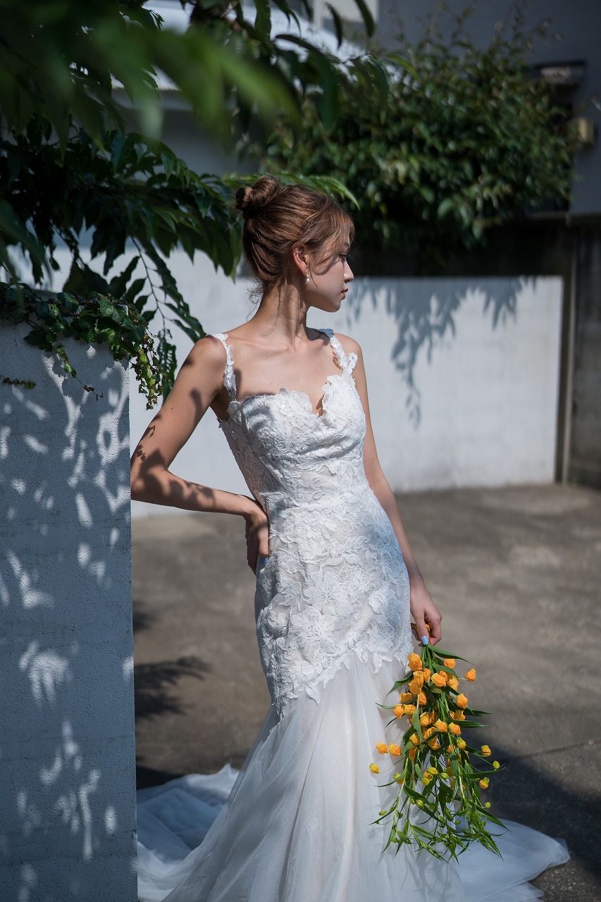 刺繍レース チュール マーメイドドレス(W221) 【ウェディングドレス 