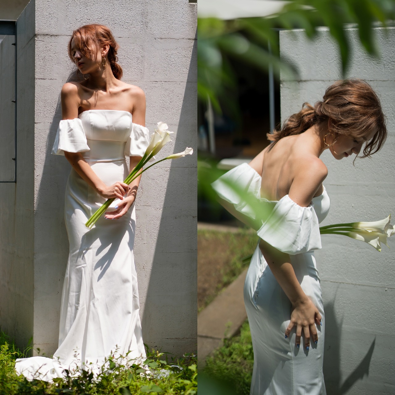 オフショルダー ボリューム袖 サテン ソフトマーメイドドレス(W225) ドレス ウェディングドレス 結婚式準備サイトCORDY