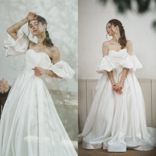 フリルショルダー タフタ ネイビードレス(W266) 【結婚式 カラードレス