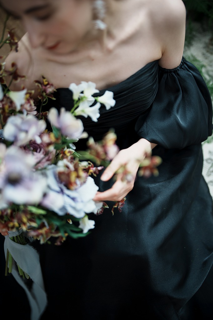 オーガンジーサテン パフスリーブドレス ブラック(W260BK) 【結婚式　カラードレス】