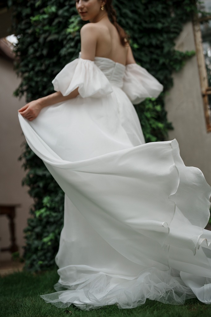 オーガンジーサテン パフスリーブドレス(W260) 【ウェディングドレス 