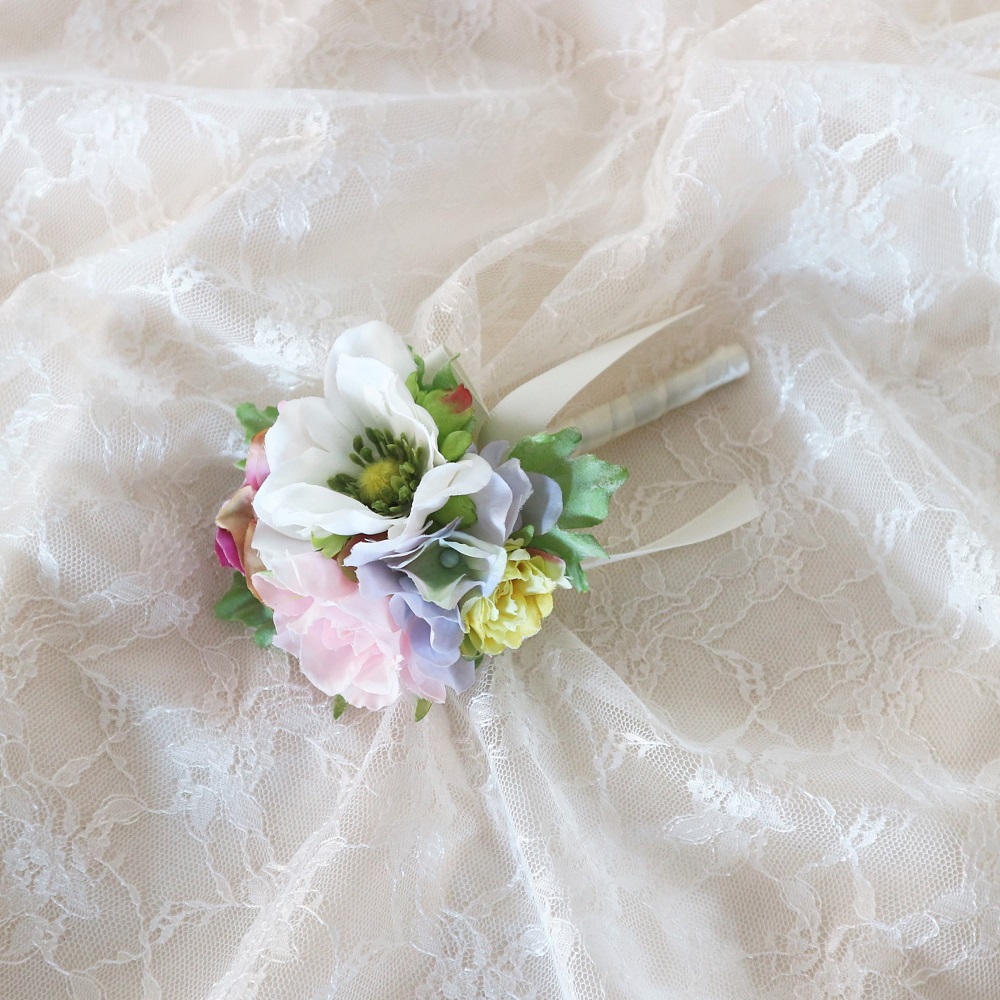 【造花】パステルミックスのクラッチブーケ&ブートニアSet　【結婚式　フラワー　造花　ブーケ　ブートニア】