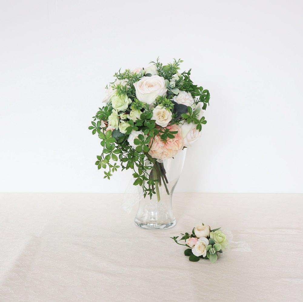 【造花】ローズとシュガーバインのブーケ&ブートニアset　【結婚式　フラワー　造花　ブーケ　ブートニア】