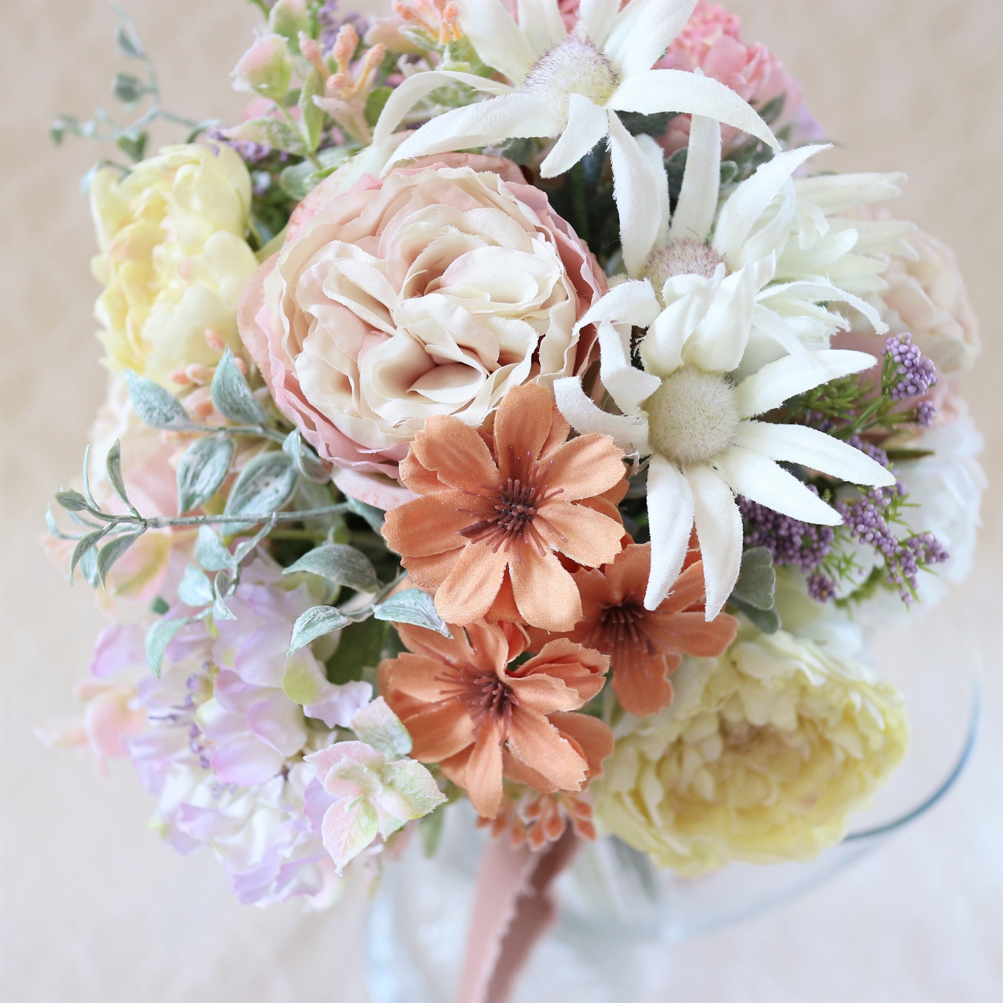【造花】アンティークパステルミックスのブーケ&ブートニアset　【結婚式　フラワー　造花　ブーケ　ブートニア】