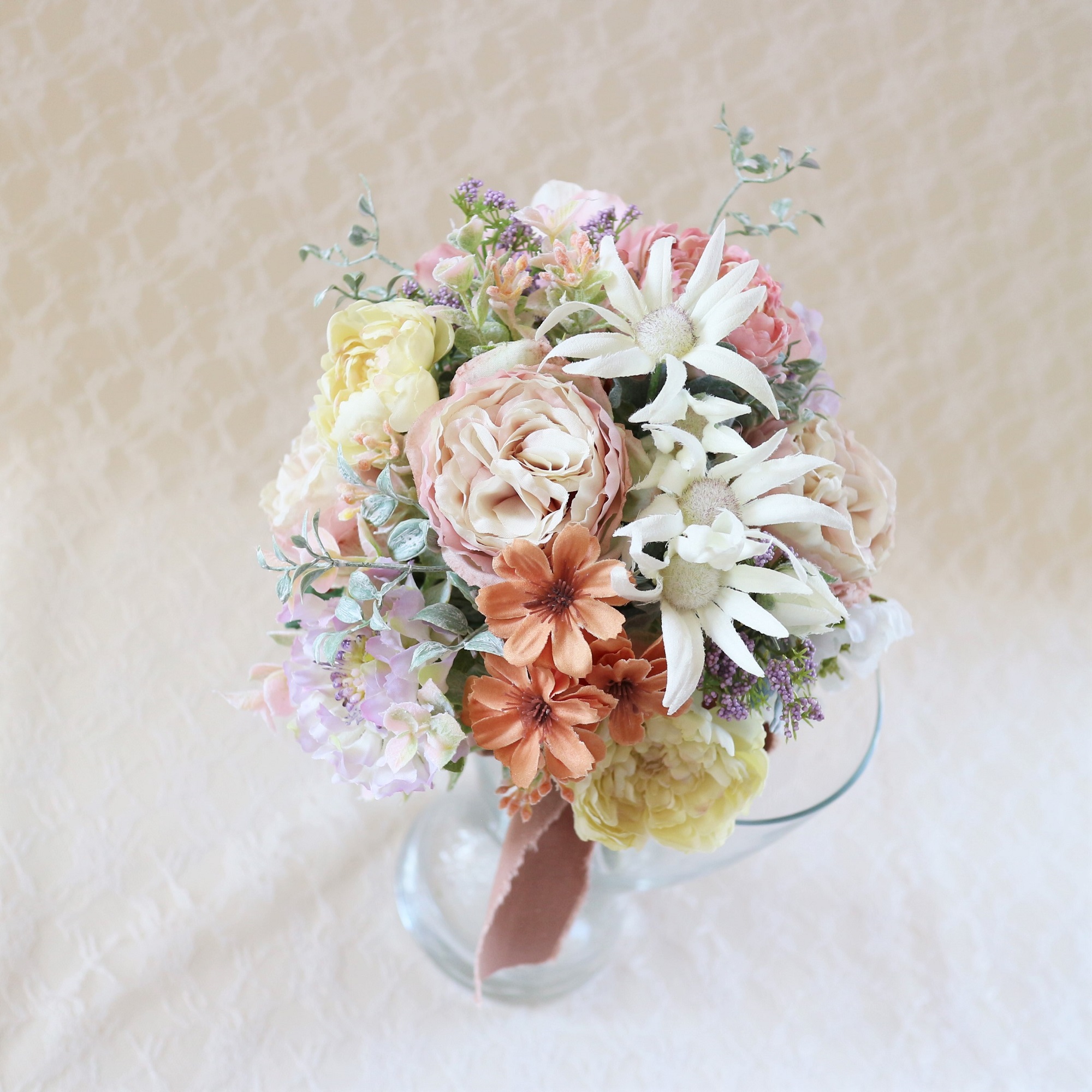 【造花】アンティークパステルミックスのブーケ&ブートニアset　【結婚式　フラワー　造花　ブーケ　ブートニア】