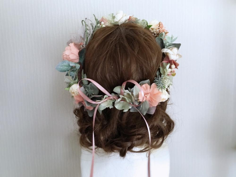 【フラワー ヘッドドレス】サーモンピンクのピオニーの花冠/ブライダルアクセサリー 【結婚式　ヘアアクセサリー】