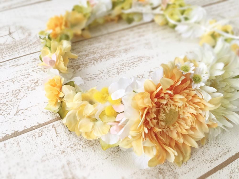 【フラワー ヘッドドレス】イエローガーベラと小花の花冠/ブライダルアクセサリー 【結婚式　ヘアアクセサリー】