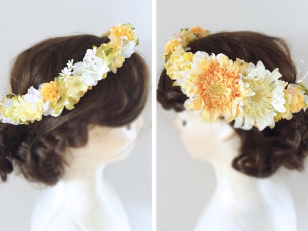 【フラワー ヘッドドレス】イエローガーベラと小花の花冠/ブライダルアクセサリー 【結婚式　ヘアアクセサリー】