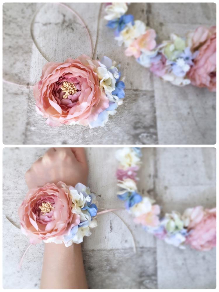 【フラワー ヘッドドレス】ふんわりピンクの花冠&リストブーケ2点セット/ブライダルアクセサリー 【結婚式　ヘアアクセサリー】