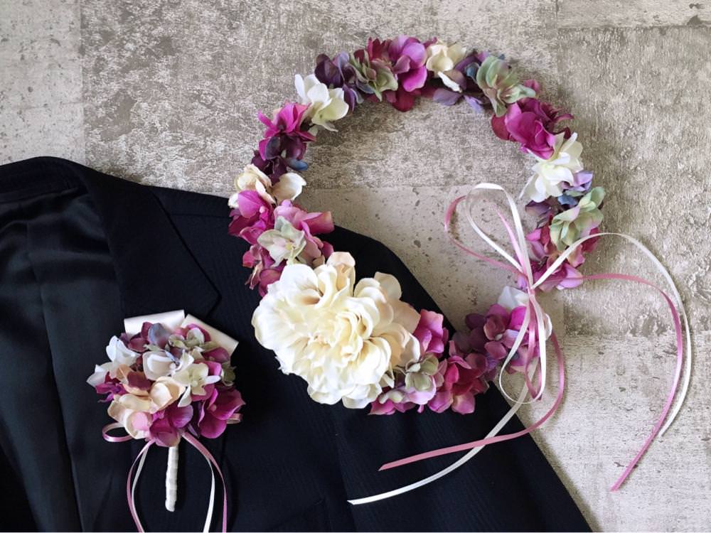 【フラワー ヘッドドレス】パープルピンクの花冠&ブートニア2点セット/ブライダルアクセサリー 【結婚式　ヘアアクセサリー】