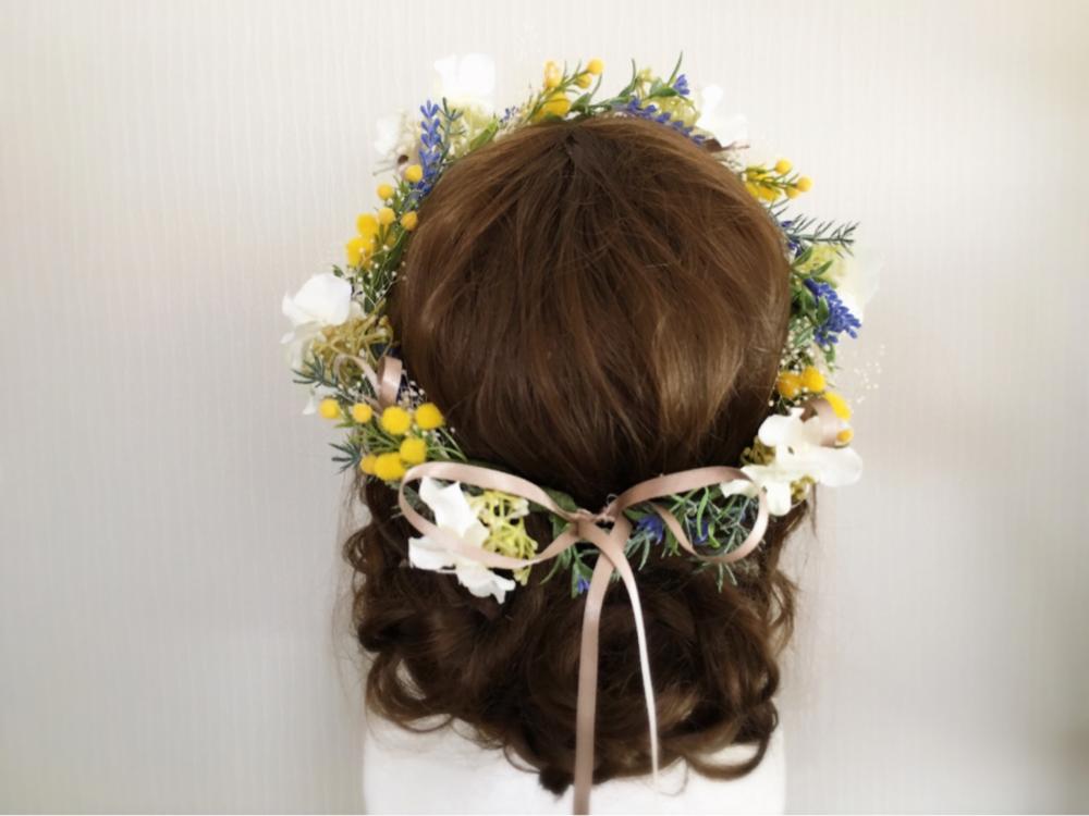 【フラワー ヘッドドレス】ラベンダーとミモザの花冠/ブライダルアクセサリー 【結婚式　ヘアアクセサリー】
