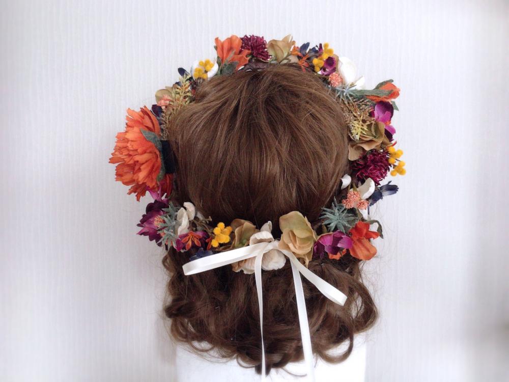 【フラワー ヘッドドレス】オータムカラーの花冠/ブライダルアクセサリー 【結婚式　ヘアアクセサリー】