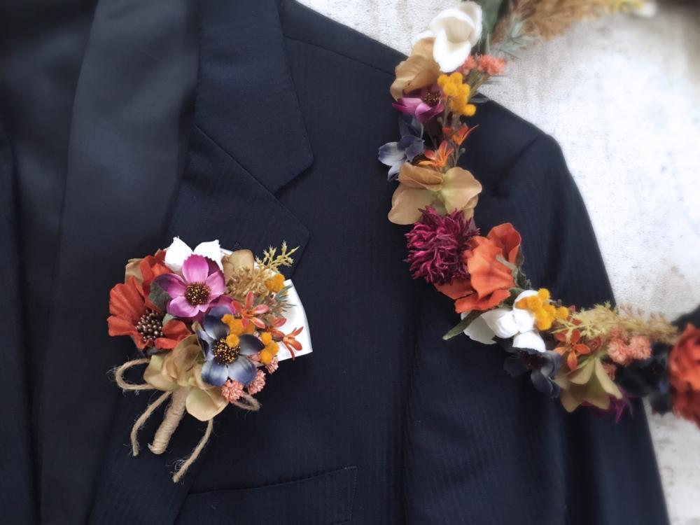 【フラワー ヘッドドレス】オータムカラーの花冠&ブートニア2点セット/ブライダルアクセサリー 【結婚式　ヘアアクセサリー】