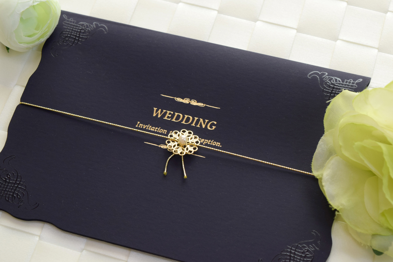 【結婚式　招待状セット】ウエディングチャーム ネイビー (印刷込み)【結婚式　ペーパー　招待状】