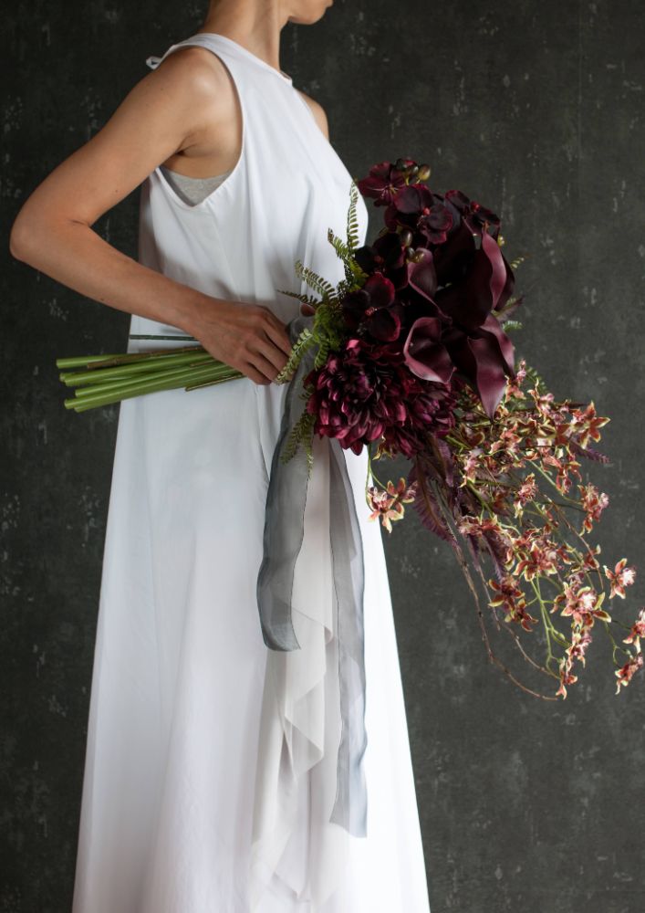 【造花】Luxury-Modern カラーとダリア ボルドーカラーブーケ　【結婚式　フラワー　造花　ブーケ　ブートニア】