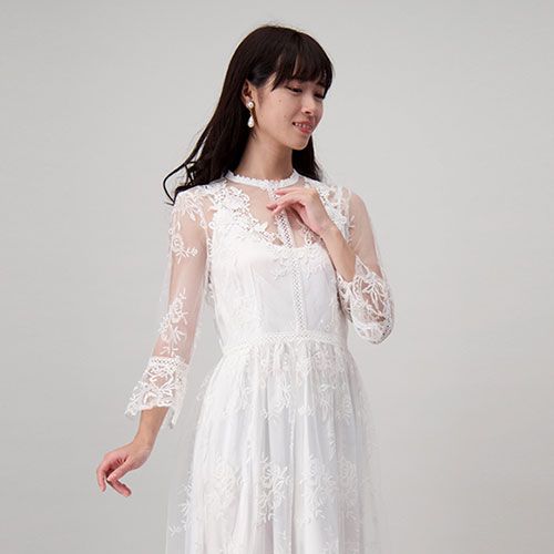 エンブロイダリーハーフスリーブドレス・ホワイト・Sサイズ 【ウェディングドレス】